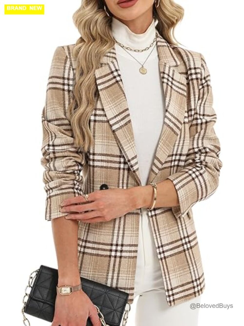 Womens Double-Breasted Tweed Blazer Long Slim-Fit Fully Lined Notch Collar